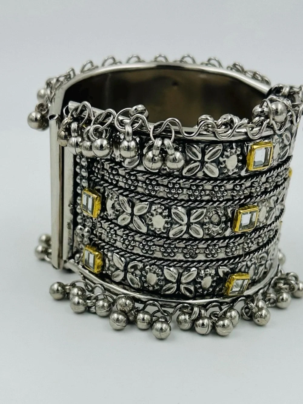 Silver-Tone Floral Cuff Bracelet with Yellow Accent Stones - Women Jewelry